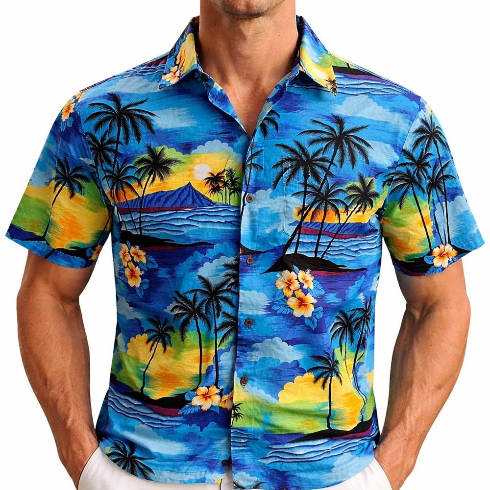 Aloha Republic Hawaiian Aloha Shirt Medium Palm Trees Sunset Tropical Flowers